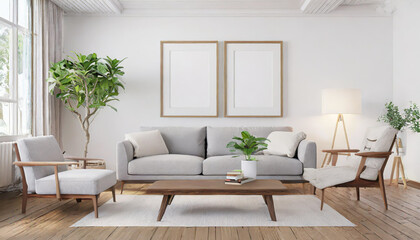 Scandinavian interior poster mock up with horizontal wooden frames, light grey sofa on wooden floor, wooden side table and green plant in living room with white wall. 3d illustrations.