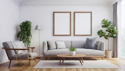 Scandinavian interior poster mock up with horizontal wooden frames, light grey sofa on wooden floor, wooden side table and green plant in living room with white wall. 3d illustrations.