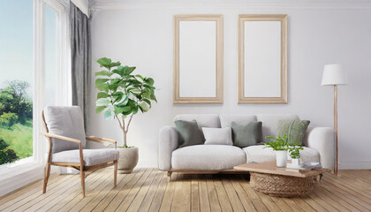 Scandinavian interior poster mock up with horizontal wooden frames, light grey sofa on wooden floor, wooden side table and green plant in living room with white wall. 3d illustrations.