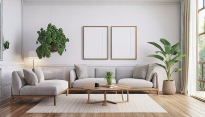 Scandinavian interior poster mock up with horizontal wooden frames, light grey sofa on wooden floor, wooden side table and green plant in living room with white wall. 3d illustrations.