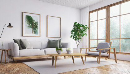 Scandinavian interior poster mock up with horizontal wooden frames, light grey sofa on wooden floor, wooden side table and green plant in living room with white wall. 3d illustrations.