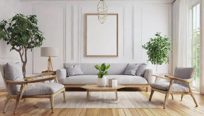Scandinavian interior poster mock up with horizontal wooden frames, light grey sofa on wooden floor, wooden side table and green plant in living room with white wall. 3d illustrations.