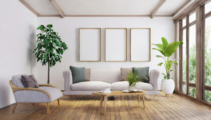 Scandinavian interior poster mock up with horizontal wooden frames, light grey sofa on wooden floor, wooden side table and green plant in living room with white wall. 3d illustrations.