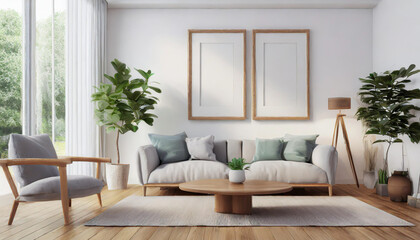 Scandinavian interior poster mock up with horizontal wooden frames, light grey sofa on wooden floor, wooden side table and green plant in living room with white wall. 3d illustrations.