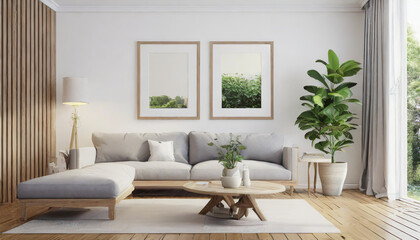 Scandinavian interior poster mock up with horizontal wooden frames, light grey sofa on wooden floor, wooden side table and green plant in living room with white wall. 3d illustrations.