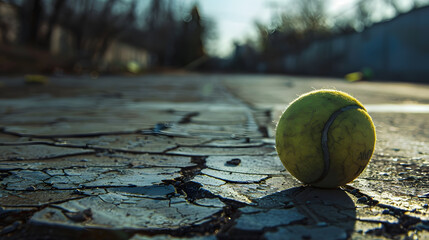 A tennis ball is sitting on a cracked sidewalk