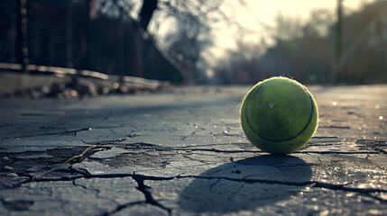 A tennis ball is sitting on a cracked sidewalk