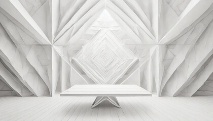 Soft light white abstract stage in elegant futuristic geometric style with simple lines and corners, polygons as background with white wood shelf for advertisement, presentation products, design.