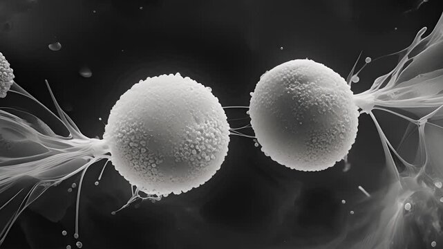 An electron micrograph of a cell in telophase with clear formation of two daughter cells during cytokinesis.