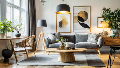Sleek and Stylish Stylish and scandinavian living room interior of modern apartment with gray sofa, design wooden commode, black table, lamp, abstract paintings on the wall.