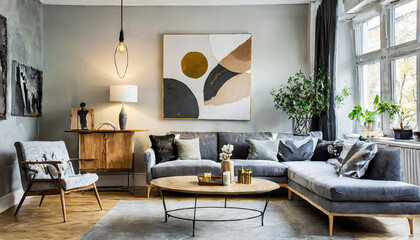 Sleek and Stylish Stylish and scandinavian living room interior of modern apartment with gray sofa, design wooden commode, black table, lamp, abstract paintings on the wall.