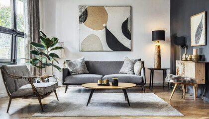 Sleek and Stylish Stylish and scandinavian living room interior of modern apartment with gray sofa, design wooden commode, black table, lamp, abstract paintings on the wall.