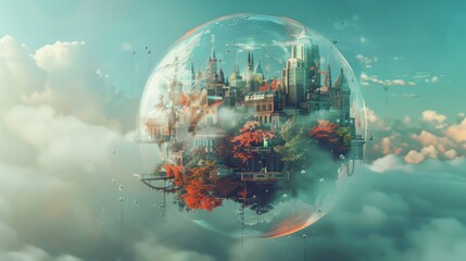 透明な球体内のミニチュア都市 - 未来的なデザイン