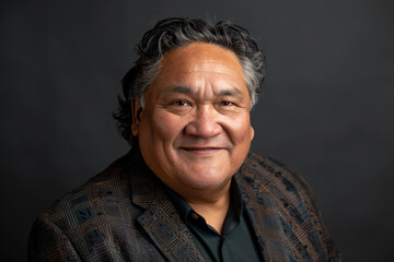 Close-up portrait of a middle aged Indigenous man, studio photo, against a sleek gray studio backdrop	