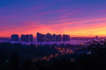 Fototapeta premium Cityscape Silhouette at Dusk with Fog.
