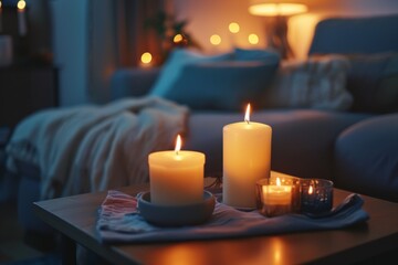 Candles next to a cozy sofa in modern home
