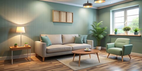 Comforting ambiance of a counseling room with soothing colors, gentle lighting, and a vacant couch, conveying the comfort and safety of mental health support.