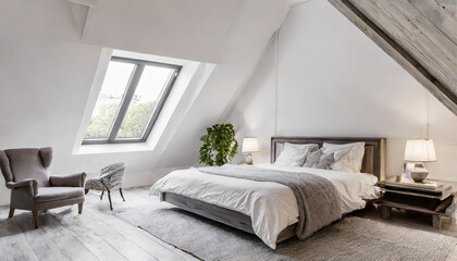 Stylish white attic bedroom corner