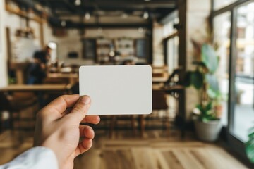 Hand holding blank white card in startup office