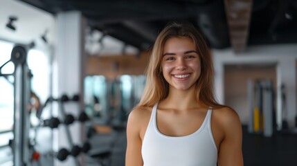 Fototapeta premium Smiling woman in a gym during the day.