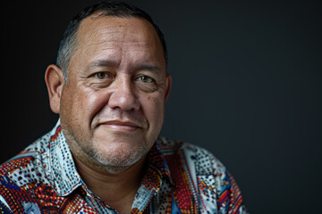 Obraz premium Close-up portrait of a middle aged Latino man, studio photo, against a sleek gray studio backdrop