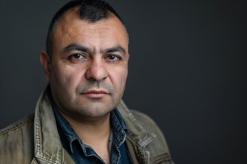Obraz premium Close-up portrait of a middle aged Latino man, studio photo, against a sleek gray studio backdrop
