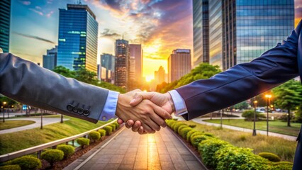 A serene outdoor landscape at twilight features a symbolic handshake seal on a deal, celebrating a triumphant career milestone amidst a bustling urban atmosphere.