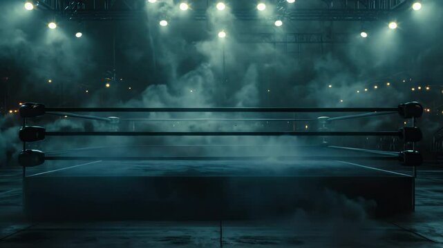 Professional boxing ring with spotlights and smokey background, martial arts sport	
