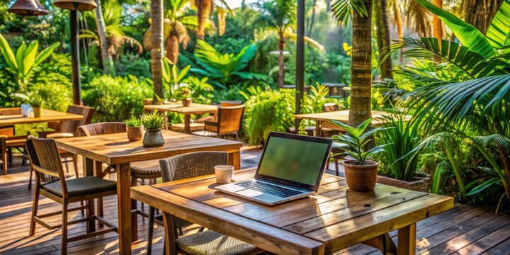 Vibrant tropical atmosphere in a trendy Bali cafe, rustic wooden tables, lush greenery, and a laptop waiting, perfect for remote work and digital nomadism scenes.