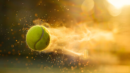 A tennis ball is in the air, surrounded by a cloud of dust