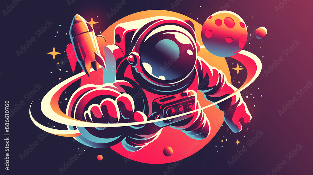 Poster An astronaut floating in space galaxy, neon colors illustration