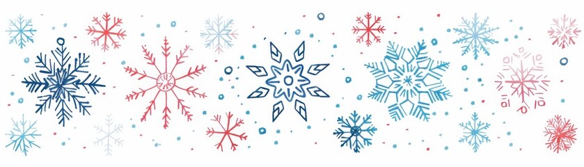 Fototapeta premium Colorful snowflakes in red and blue hues, scattered on a white background, perfect for winter or holiday-themed designs and decorations.