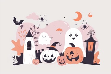 Cute Halloween illustration featuring ghosts, pumpkins, bats, and haunted houses in a whimsical and playful style.