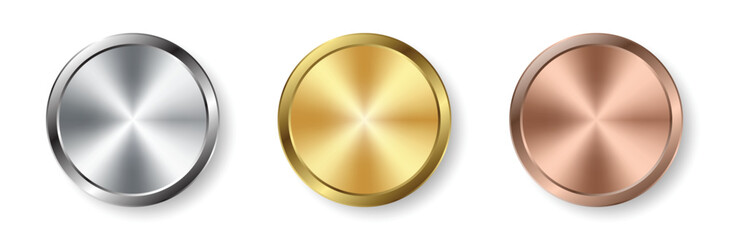 Gold, silver and bronze medals realistic shiny metallic set, for Winner sports awards symbols, Celebration Sports competition first, second and third place awards, Championship reward achievement.