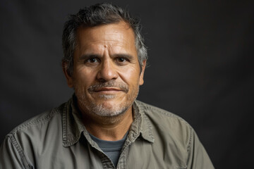 Fototapeta premium Close-up portrait of a middle aged Latino man, studio photo, against a sleek gray studio backdrop