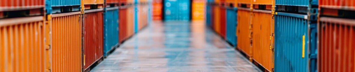 Obraz premium rows of colorful shipping containers leading to perspective in a shipping yard - abstract industrial architecture and design concept