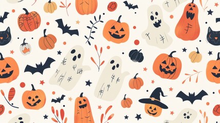 Seamless Halloween pattern featuring pumpkins, ghosts, bats, and festive elements. Ideal for seasonal designs and Halloween-themed projects.