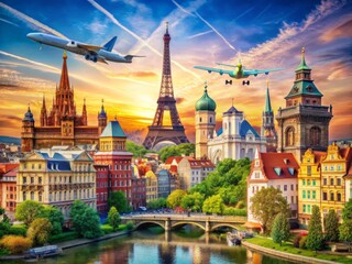 Fototapeta premium Vibrant European cityscape with iconic landmarks, colorful hostel signs, and affordable flight advertisements, capturing the essence of carefree student travel and adventure.