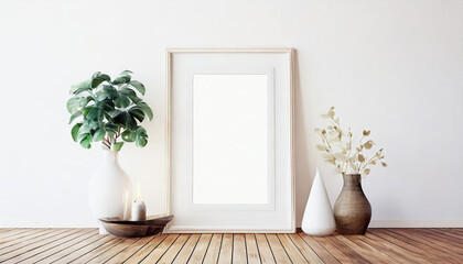 White rectangular vertical frame hanging on a white wall mockup