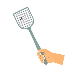 mosquito and hand holding fly swatter, concept of eliminate insects at home- vector illustration