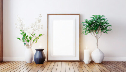 White rectangular vertical frame hanging on a white wall mockup