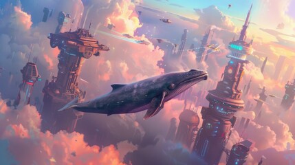 空飛ぶクジラと雲の上の都市 - ファンタジーの世界