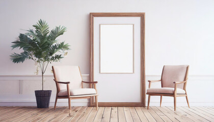 White rectangular vertical frame hanging on a white wall mockup