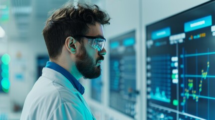 focused scientist in lab coat analyzing data on large screens in a modern technology center.