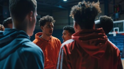 A group of basketball players huddles together on the court, their faces focused and serious as they strategize their next move