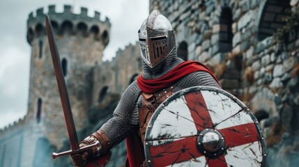 Medieval knight in armor holding a sword and shield, standing in front of a stone castle tower, ready for battle.