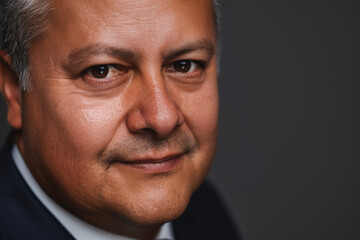Obraz premium Close-up portrait of a middle aged Latino man, studio photo, against a sleek gray studio backdrop