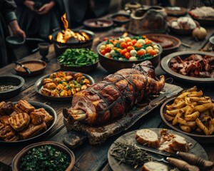 Sumptuous feast with various dishes on a rustic table, highlighting roasted meat, vegetables, and bread, ideal for family gatherings.