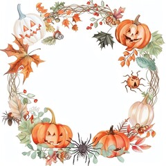 Fototapeta premium Vintage Halloween wreath, autumn elements, white background, Watercolor style