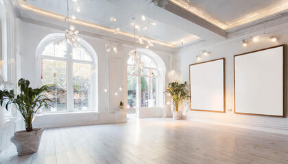 White art gallery interior with mock up posters